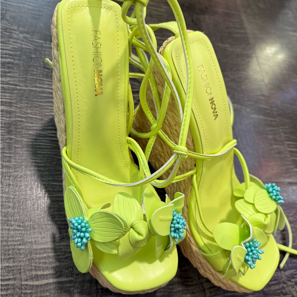 Fashion Nova Bright Green Floral Wedges